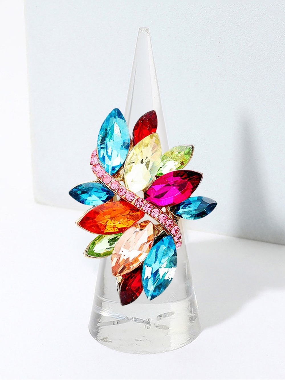 Multicolor Crystal Leaf Statement Ring - Bold Women's Accessory